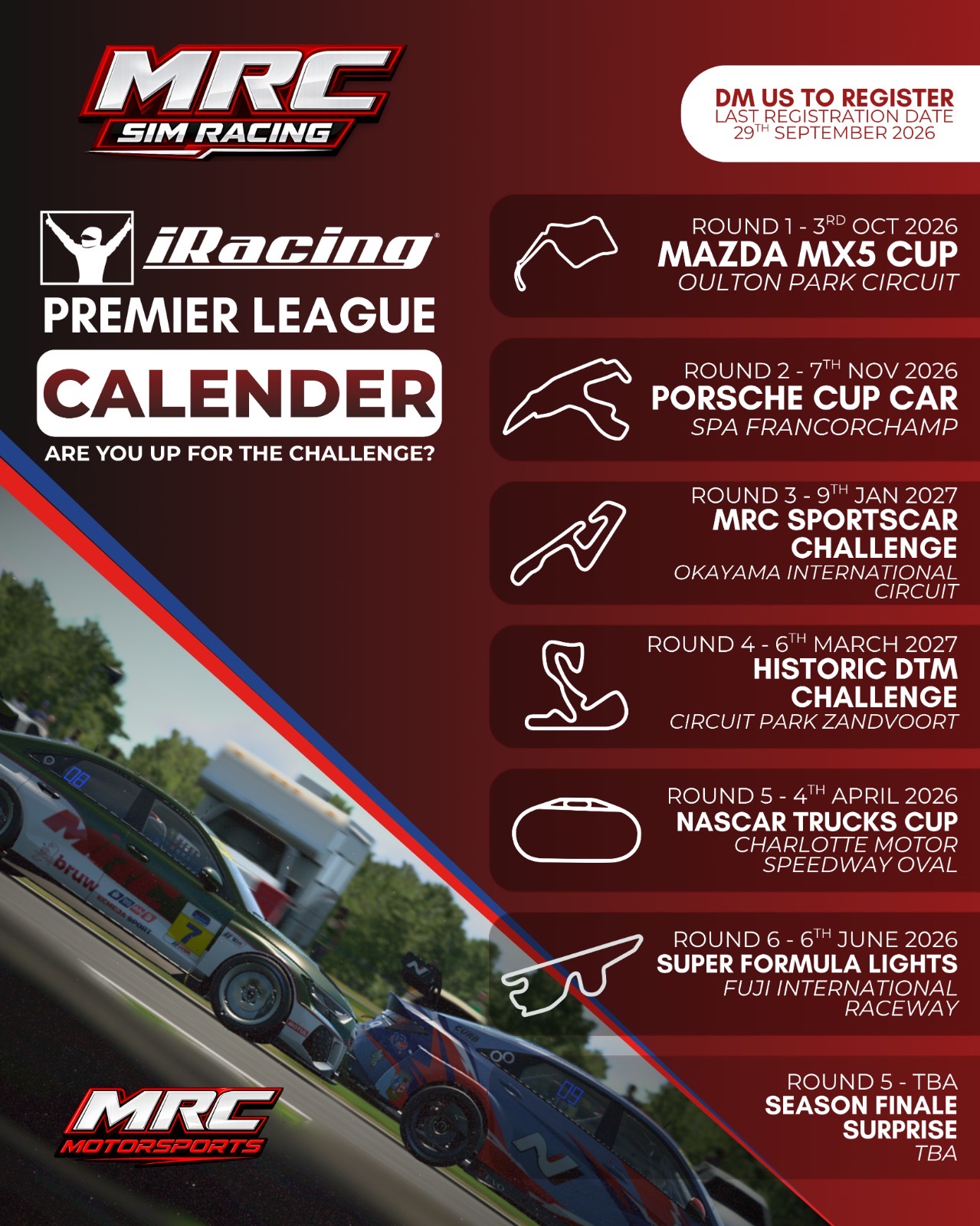 MRC Sim Racing iRacing Premier League calendar